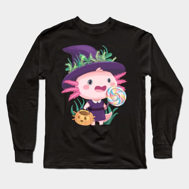 Trick or Treat Witch Axolotl Long Sleeve T-Shirt by PamelooArt